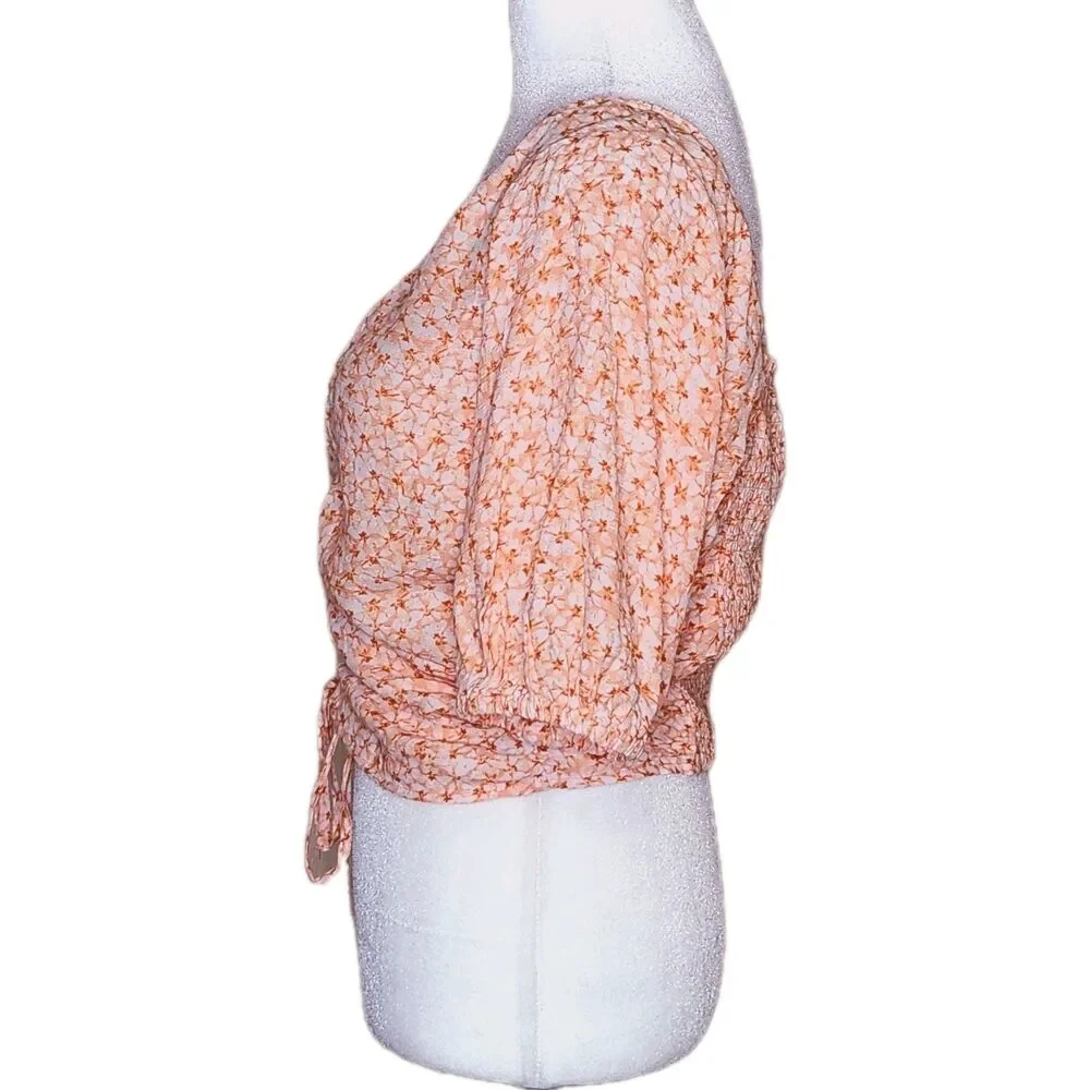 H&M Ruched Front Puff Sleeve V-Neck Crop Top Orange Ditsy Floral M Cottagecore
